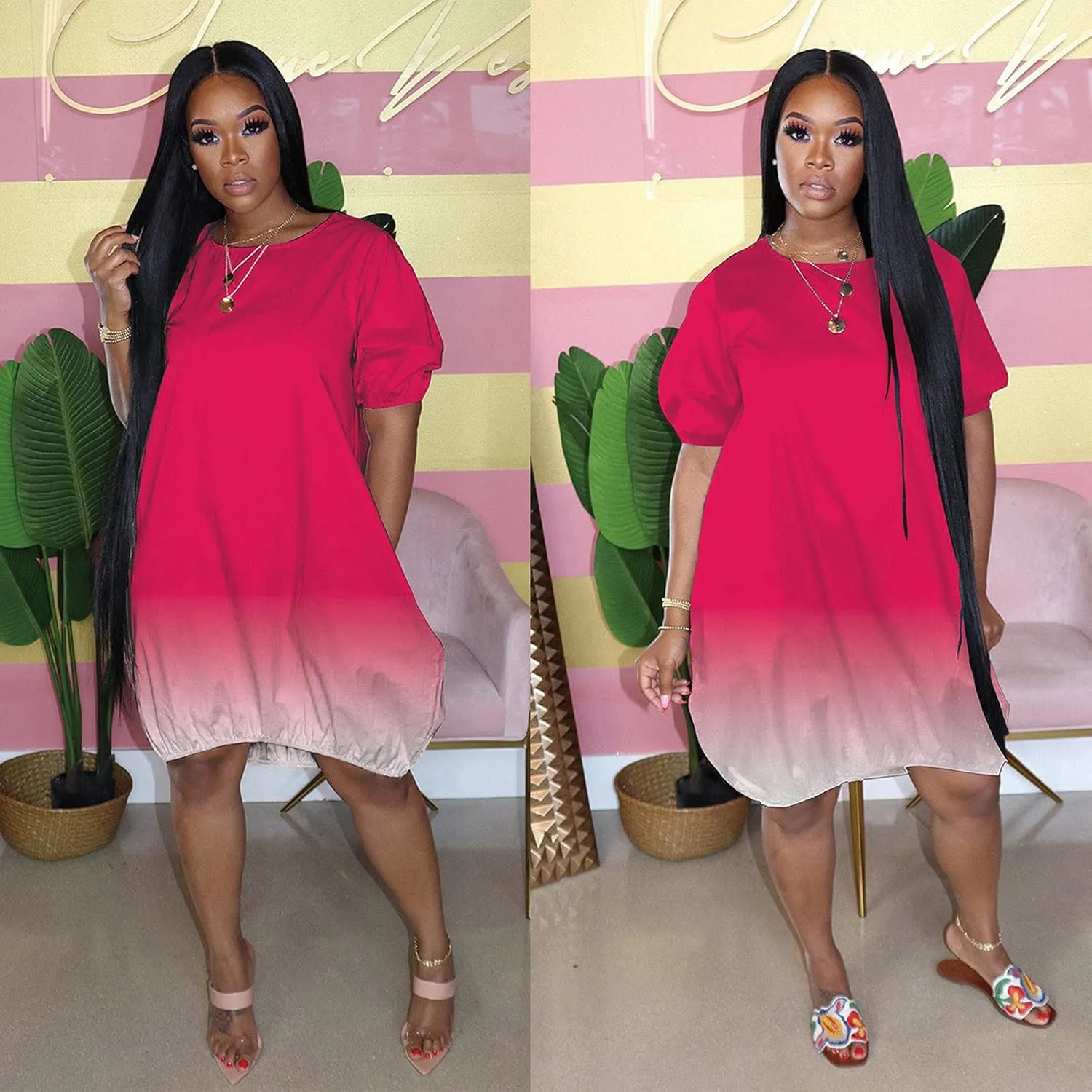 Dresses for Women 2024 Casual Short Sleeve Crew Neck Midi Dress with Pockets Plus Size Loose Gradient Summer Dresses