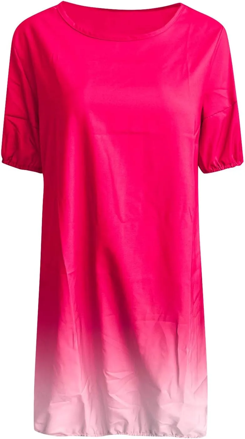 Dresses for Women 2024 Casual Short Sleeve Crew Neck Midi Dress with Pockets Plus Size Loose Gradient Summer Dresses