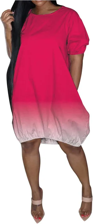 Dresses for Women 2024 Casual Short Sleeve Crew Neck Midi Dress with Pockets Plus Size Loose Gradient Summer Dresses