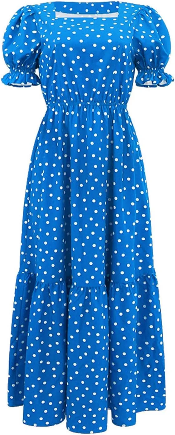 Dresses for Women 2025 Casual Fashion Puff Sleeve Point Printed Vintage Maxi Dress Square Neck Summer 2025 Dresses