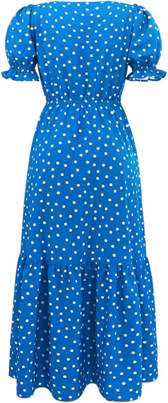 Dresses for Women 2025 Casual Fashion Puff Sleeve Point Printed Vintage Maxi Dress Square Neck Summer 2025 Dresses