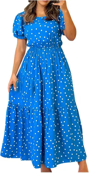 Dresses for Women 2025 Casual Fashion Puff Sleeve Point Printed Vintage Maxi Dress Square Neck Summer 2025 Dresses