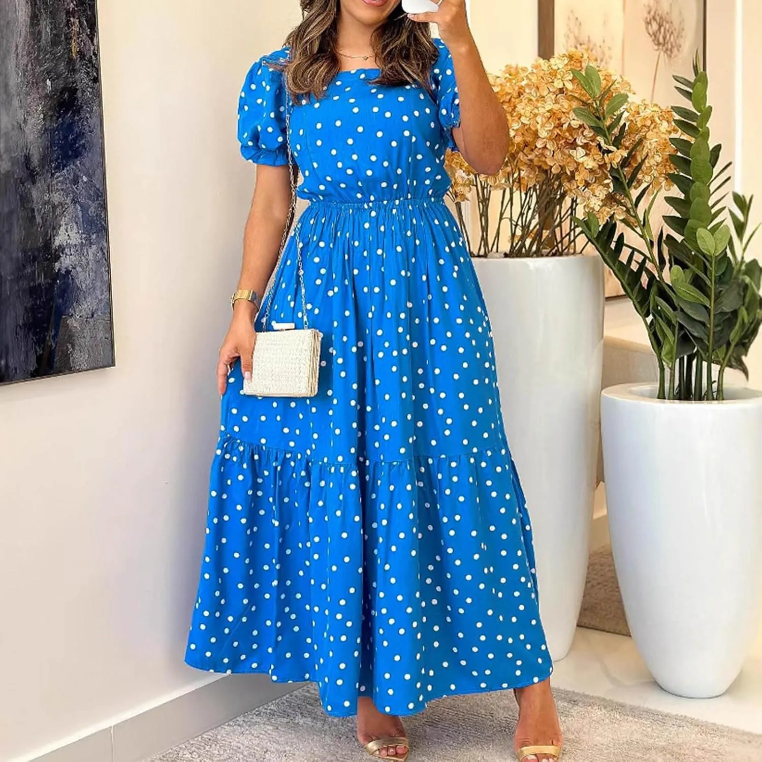 Dresses for Women 2025 Casual Fashion Puff Sleeve Point Printed Vintage Maxi Dress Square Neck Summer 2025 Dresses