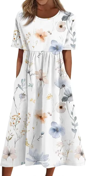 Dresses for Women 2025 Casual Summer Trendy Floral Dress Maxi Classy Sundresses Vacation Short Sleeve Sundress A Line
