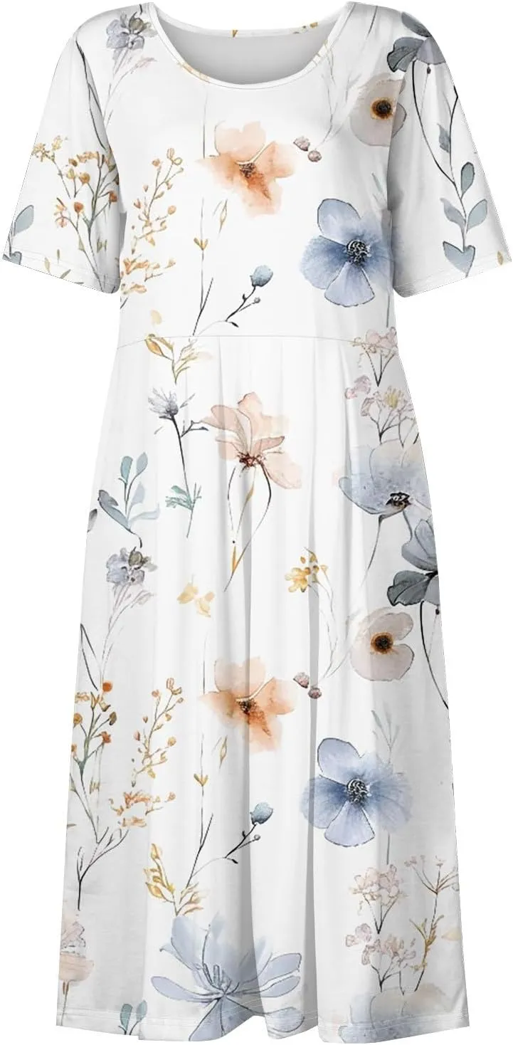Dresses for Women 2025 Casual Summer Trendy Floral Dress Maxi Classy Sundresses Vacation Short Sleeve Sundress A Line