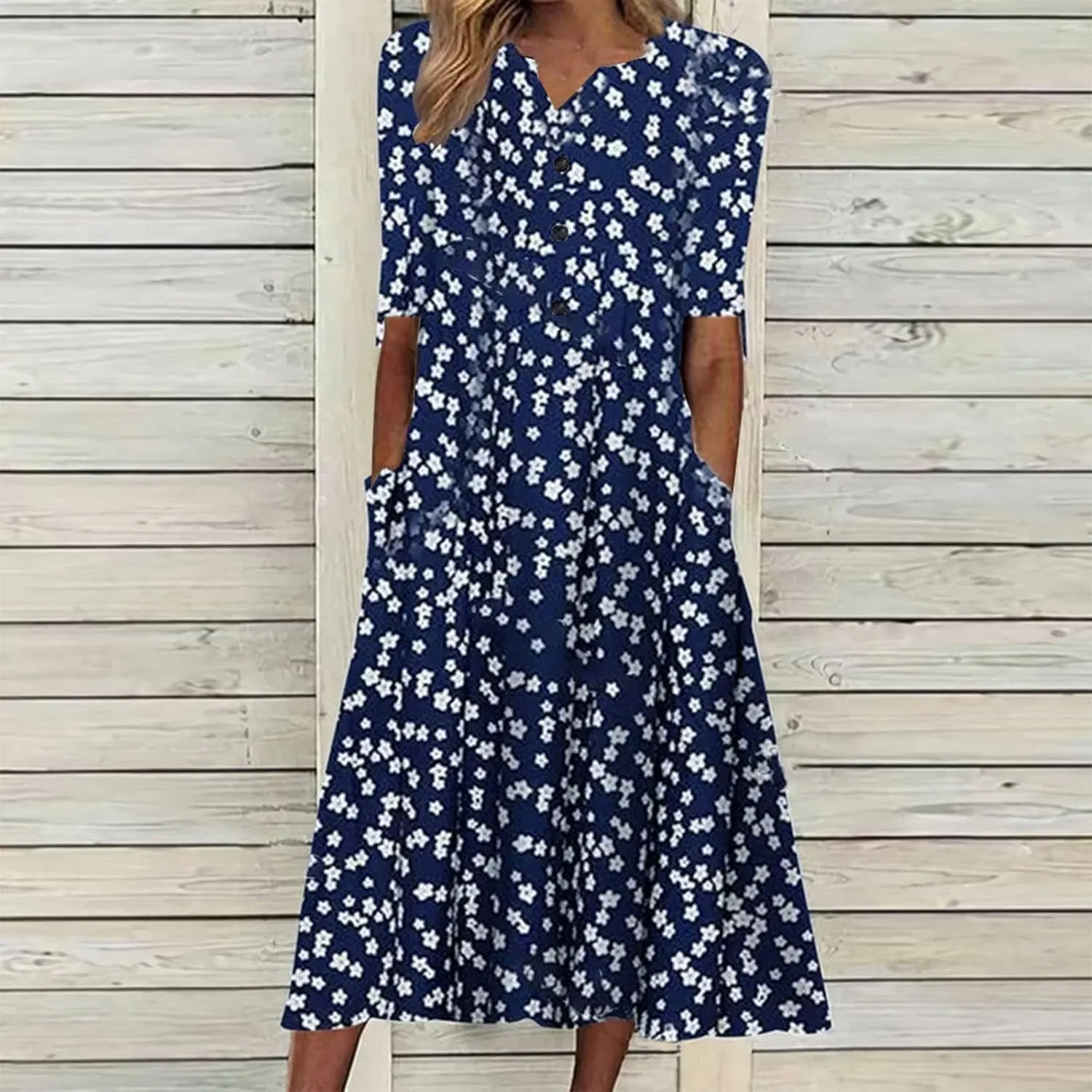 Dresses for Women 2025 Floral Printed Button Down Long Dress Half Sleeve Pocket Beach Dress V Neck Trendy Dresses