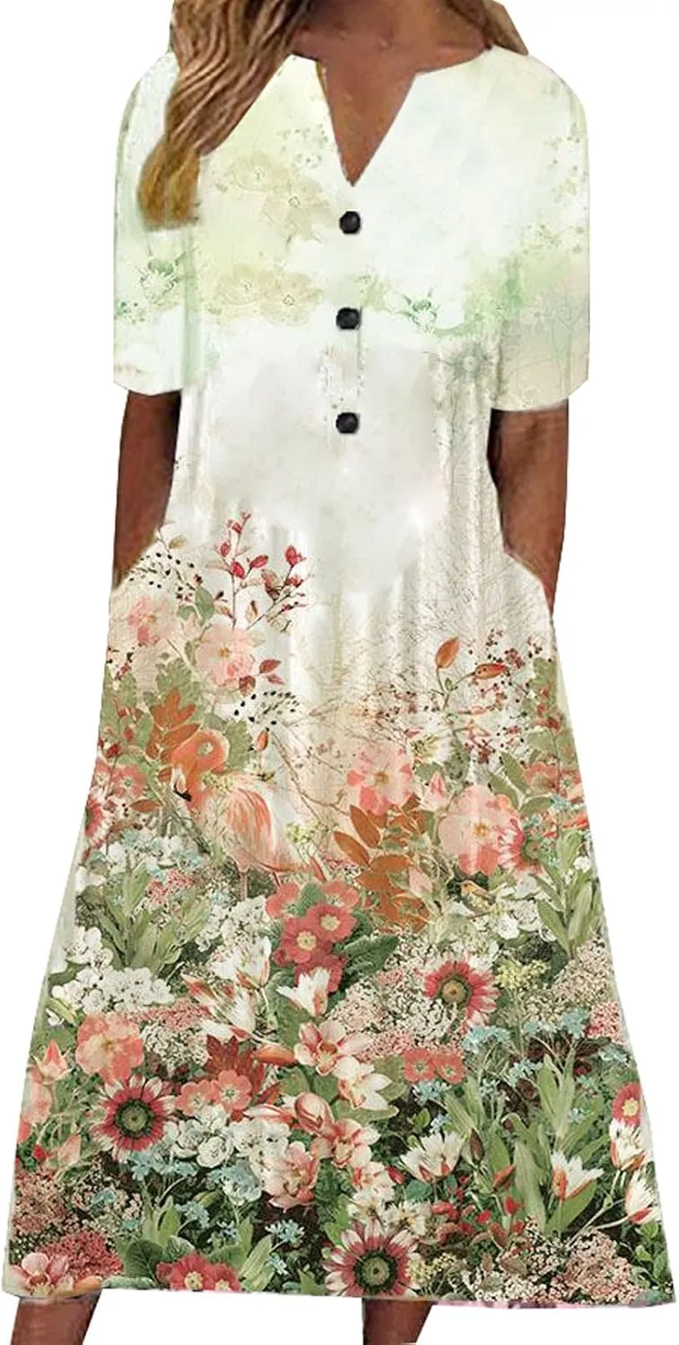 Dresses for Women 2025 Floral Printed Button Down Long Dress Half Sleeve Pocket Beach Dress V Neck Trendy Dresses