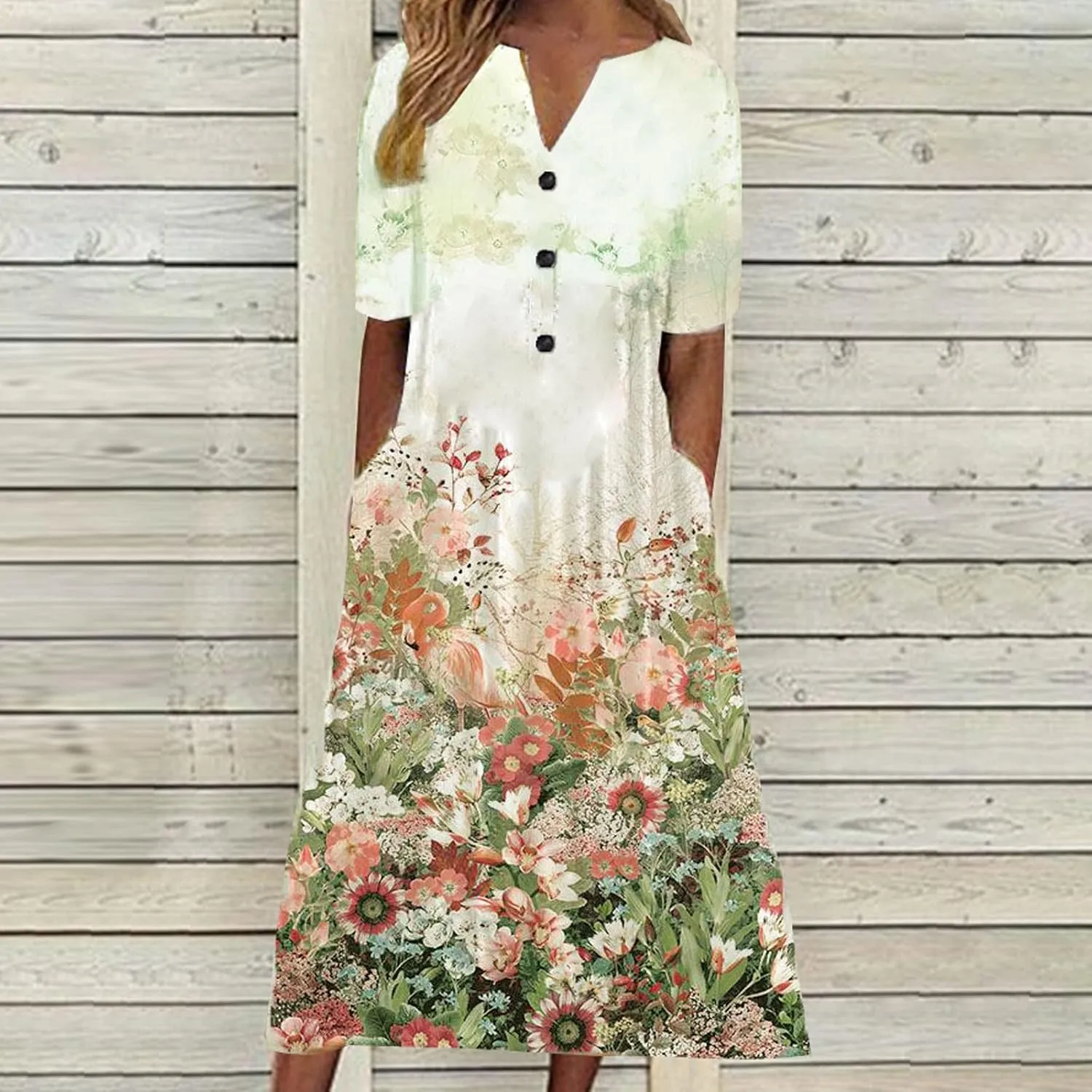 Dresses for Women 2025 Floral Printed Button Down Long Dress Half Sleeve Pocket Beach Dress V Neck Trendy Dresses