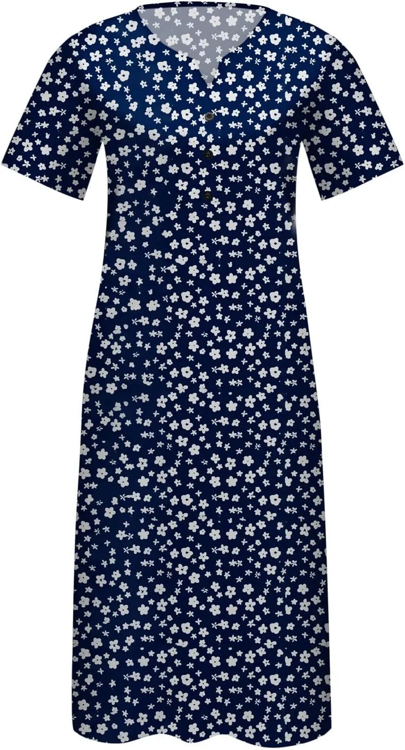 Dresses for Women 2025 Floral Printed Button Down Long Dress Half Sleeve Pocket Beach Dress V Neck Trendy Dresses