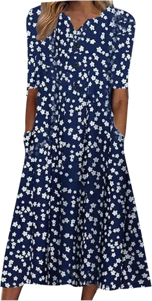 Dresses for Women 2025 Floral Printed Button Down Long Dress Half Sleeve Pocket Beach Dress V Neck Trendy Dresses