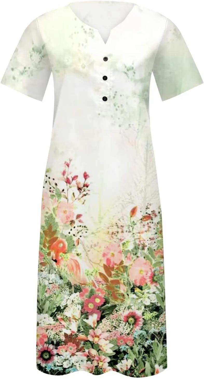 Dresses for Women 2025 Floral Printed Button Down Long Dress Half Sleeve Pocket Beach Dress V Neck Trendy Dresses