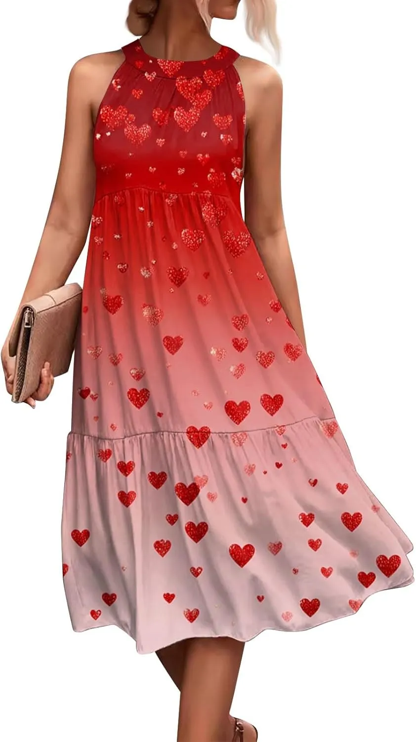 Dresses for Women 2025 Sleeveless Floral Print Tank Dresses Hanging Neck Splicing Beach Dress Swing Sundresses