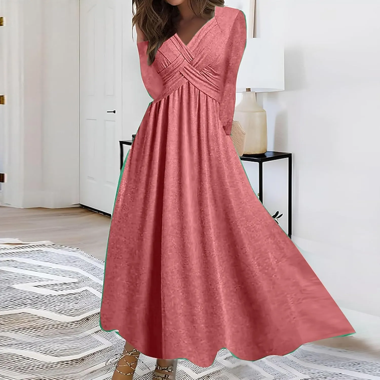 Dresses for Women Crisscross Twist Front V Neck Casual Short Sleeve Maxi Dress Pleated Beach Smocked Wedding Dress