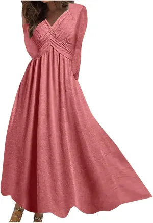 Dresses for Women Crisscross Twist Front V Neck Casual Short Sleeve Maxi Dress Pleated Beach Smocked Wedding Dress