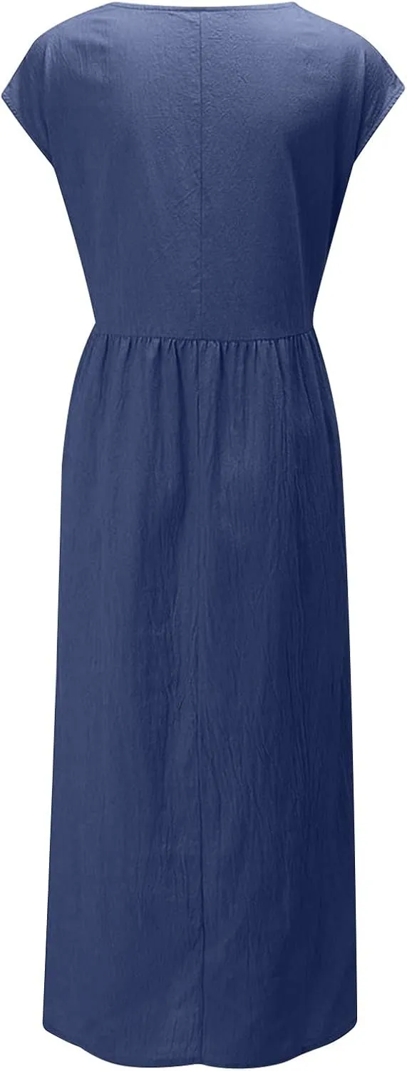 Dresses for Women Plus Size Summer Cotton Linen Dress Crewneck Cap Sleeve Loose Casual Beach Vacation Midi Dress