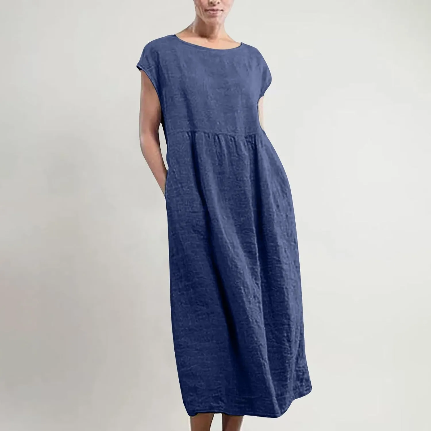 Dresses for Women Plus Size Summer Cotton Linen Dress Crewneck Cap Sleeve Loose Casual Beach Vacation Midi Dress
