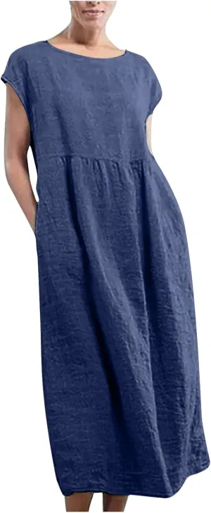 Dresses for Women Plus Size Summer Cotton Linen Dress Crewneck Cap Sleeve Loose Casual Beach Vacation Midi Dress