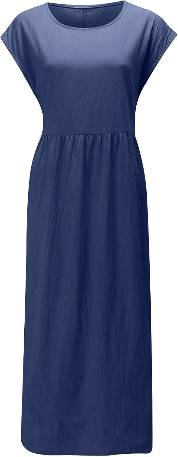 Dresses for Women Plus Size Summer Cotton Linen Dress Crewneck Cap Sleeve Loose Casual Beach Vacation Midi Dress