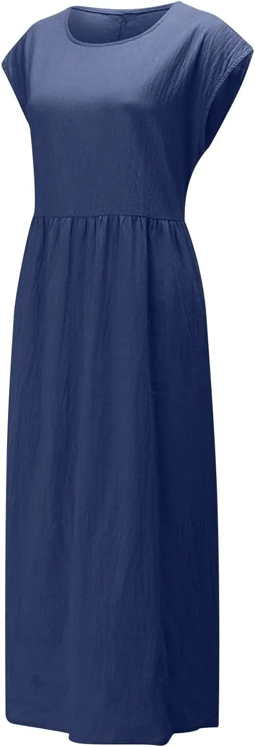Dresses for Women Plus Size Summer Cotton Linen Dress Crewneck Cap Sleeve Loose Casual Beach Vacation Midi Dress