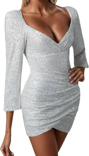 Dresses for Women Sparkly Sequin Mini Dress V-Neck Long Sleeve Glitter Clubwear Party Outfits Cocktail Gown Dress