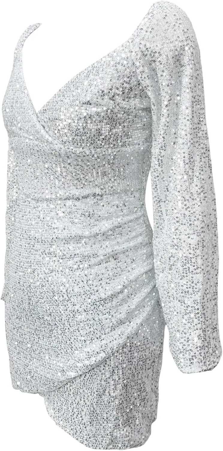 Dresses for Women Sparkly Sequin Mini Dress V-Neck Long Sleeve Glitter Clubwear Party Outfits Cocktail Gown Dress