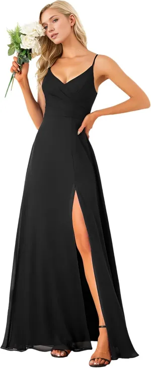 Ever-Pretty Women's Sexy Side Slit V Neck Spaghetti Straps Chiffon A Line Bridesmaid Dress 0128B-PH