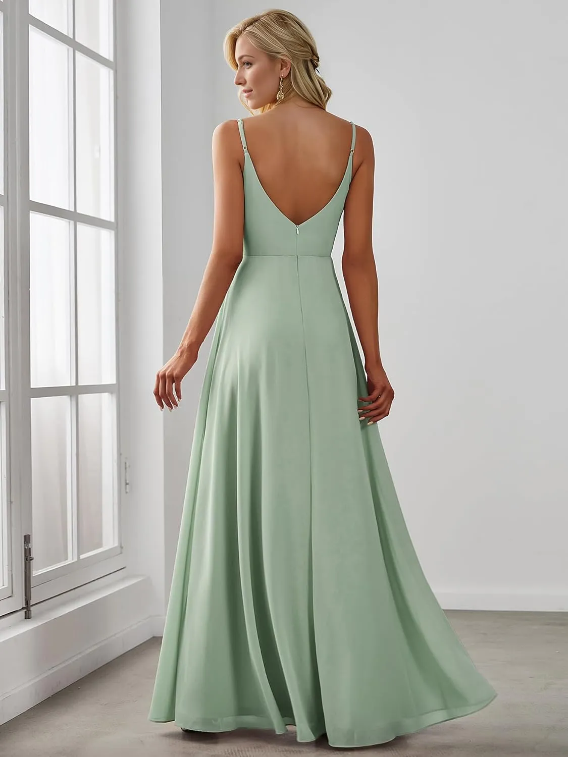 Ever-Pretty Women's Sexy Side Slit V Neck Spaghetti Straps Chiffon A Line Bridesmaid Dress 0128B-PH