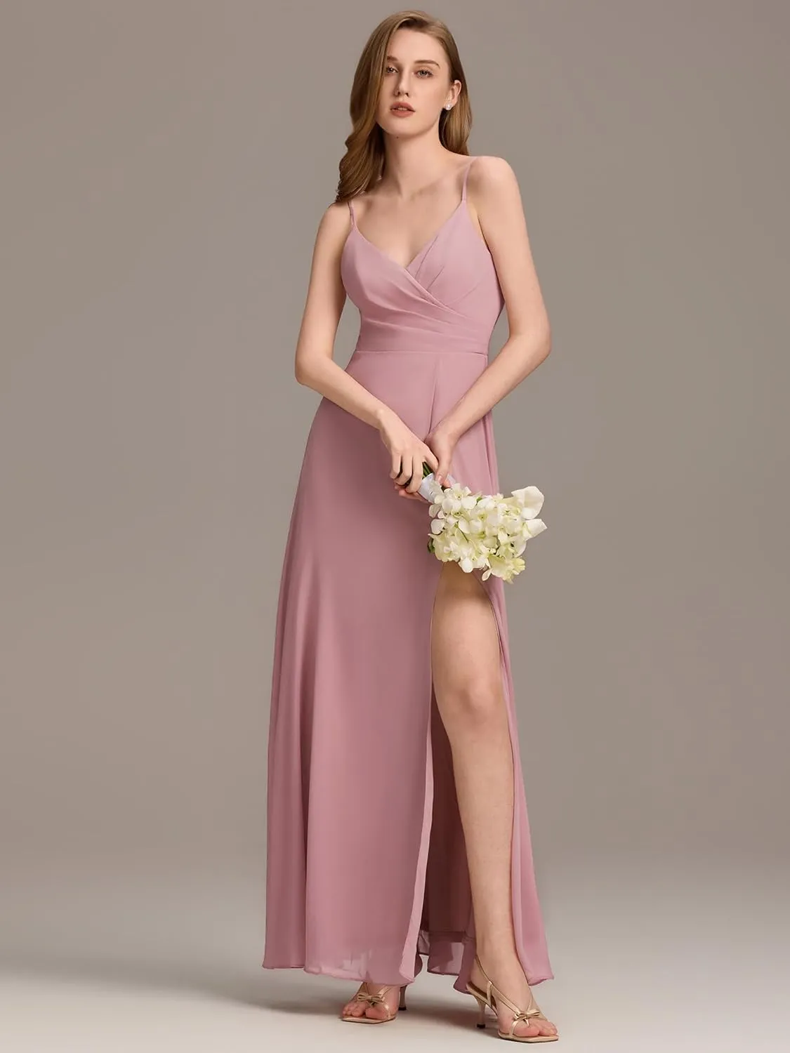 Ever-Pretty Women's Sexy Side Slit V Neck Spaghetti Straps Chiffon A Line Bridesmaid Dress 0128B-PH