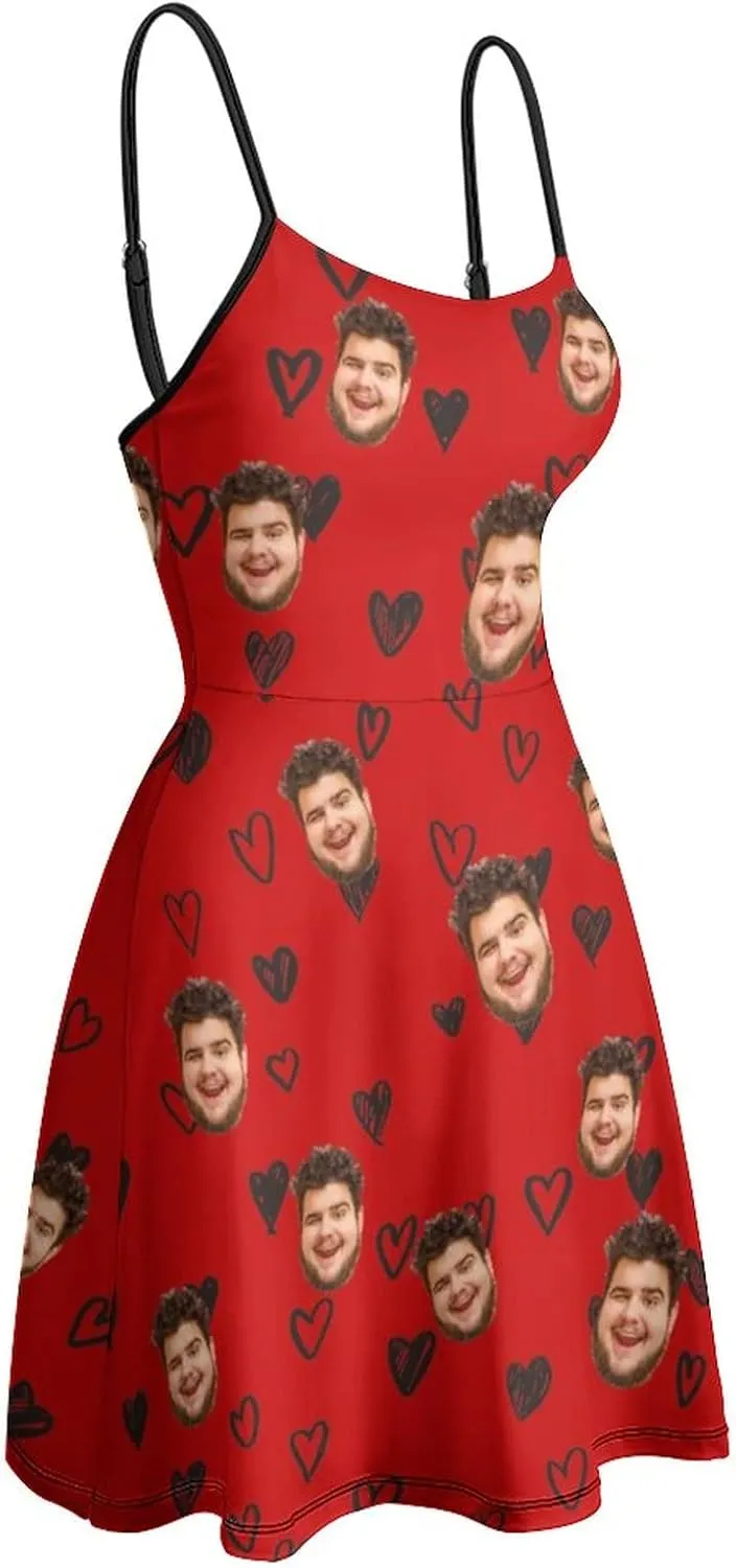 Face Photo Custom Women's Summer Floral Spaghetti Strap Dresses Personalized Gift Sleeveless Sling Sundress Beach