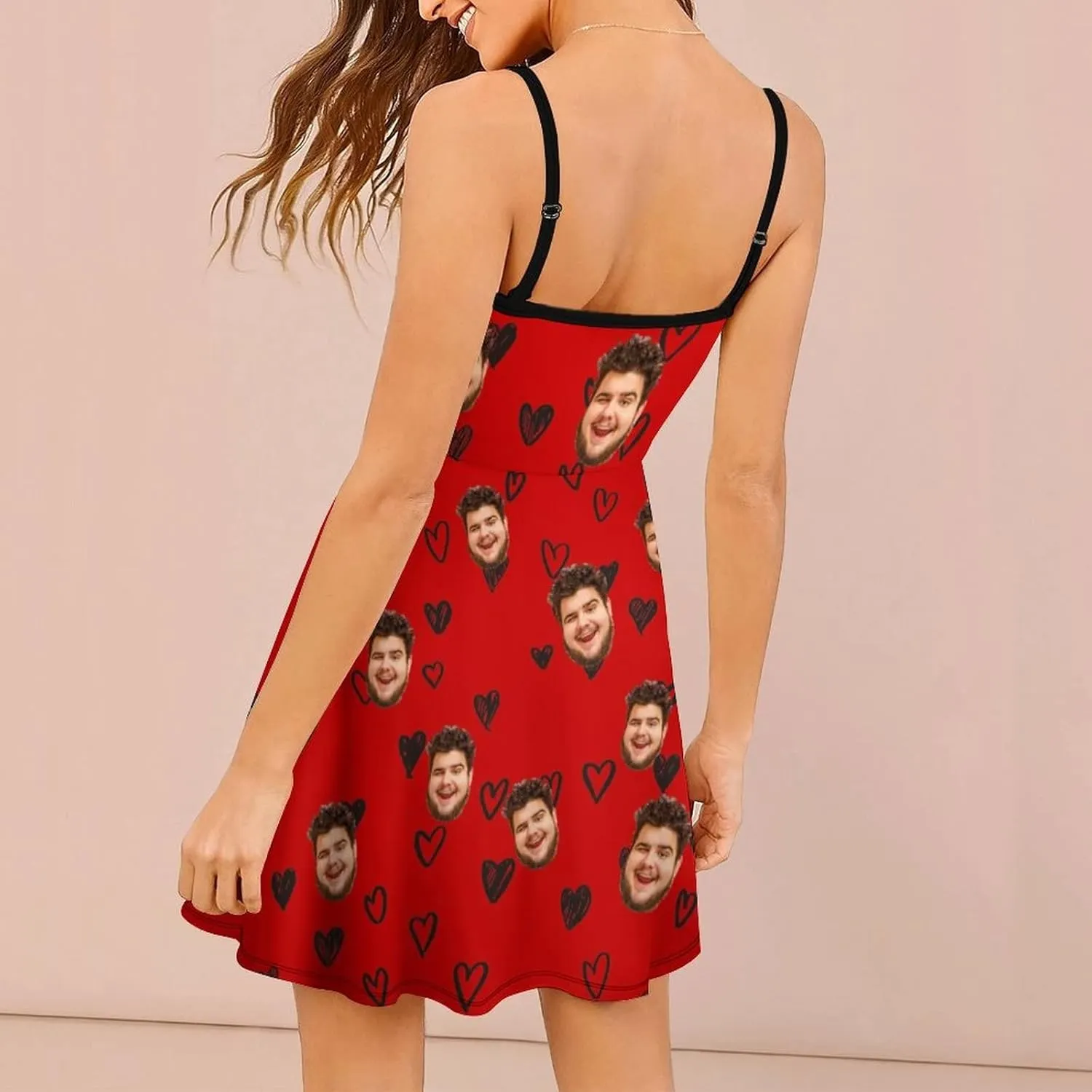 Face Photo Custom Women's Summer Floral Spaghetti Strap Dresses Personalized Gift Sleeveless Sling Sundress Beach