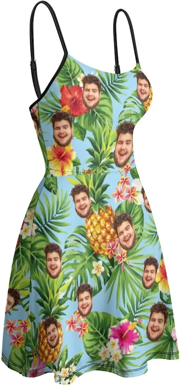Face Photo Custom Women's Summer Floral Spaghetti Strap Dresses Personalized Gift Sleeveless Sling Sundress Beach