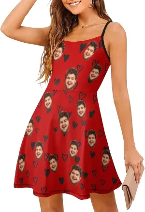 Face Photo Custom Women's Summer Floral Spaghetti Strap Dresses Personalized Gift Sleeveless Sling Sundress Beach