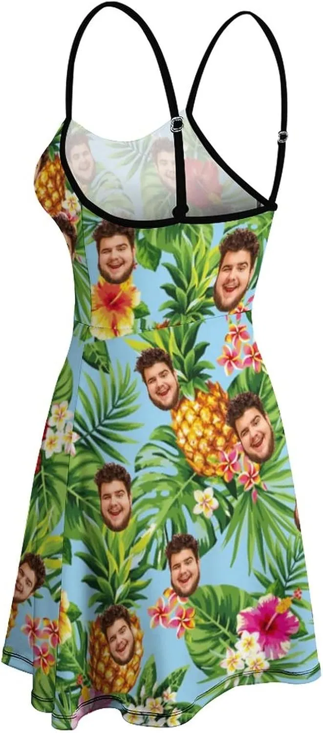 Face Photo Custom Women's Summer Floral Spaghetti Strap Dresses Personalized Gift Sleeveless Sling Sundress Beach
