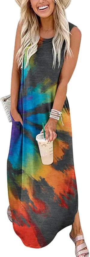 FANDEE Women's Casual Summer Loose Sunresses Long Dresses Sleeveless Split Maxi Beach Dress with Pockets