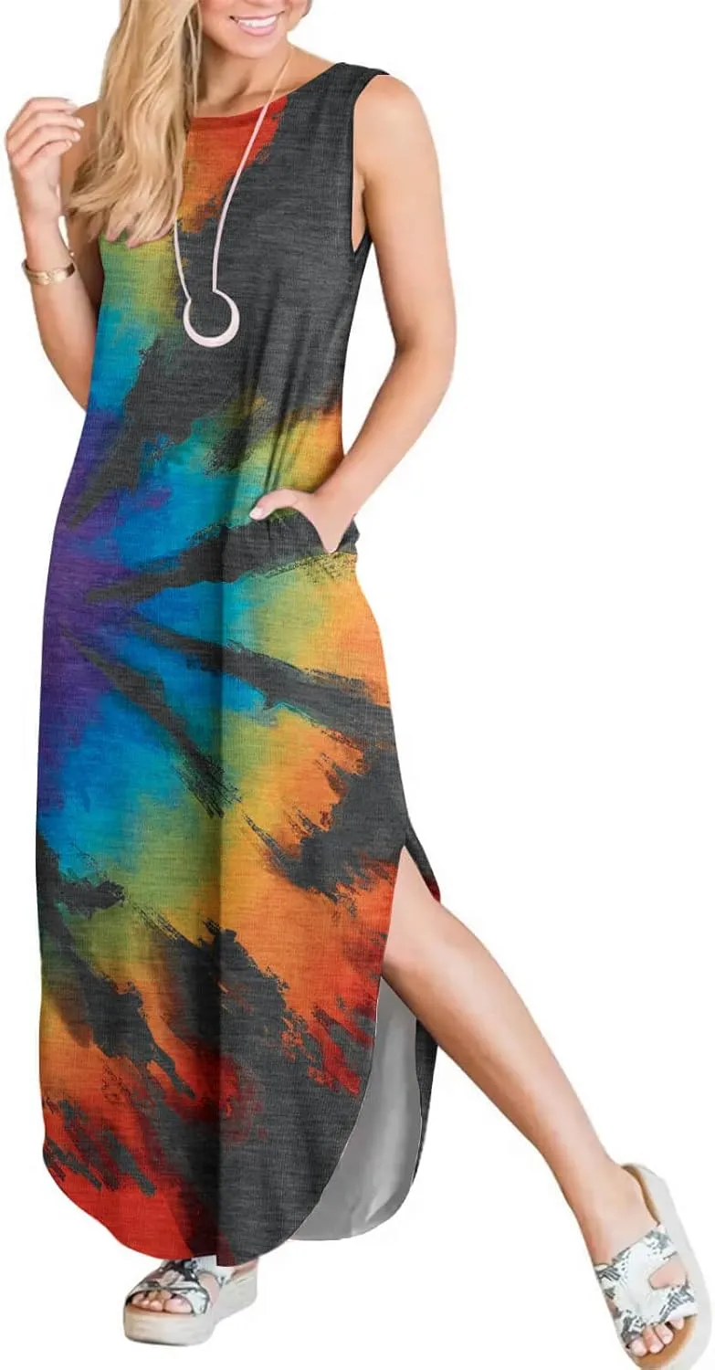 FANDEE Women's Casual Summer Loose Sunresses Long Dresses Sleeveless Split Maxi Beach Dress with Pockets