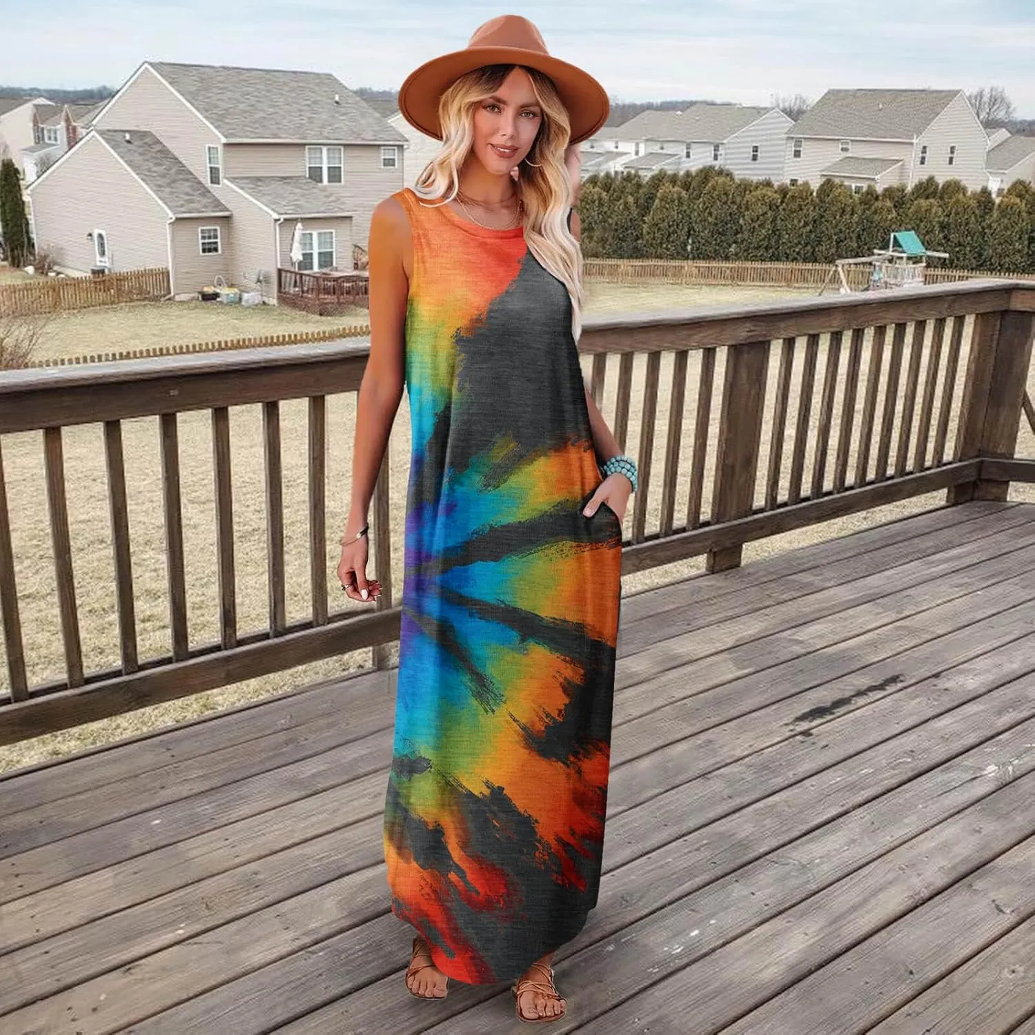 FANDEE Women's Casual Summer Loose Sunresses Long Dresses Sleeveless Split Maxi Beach Dress with Pockets