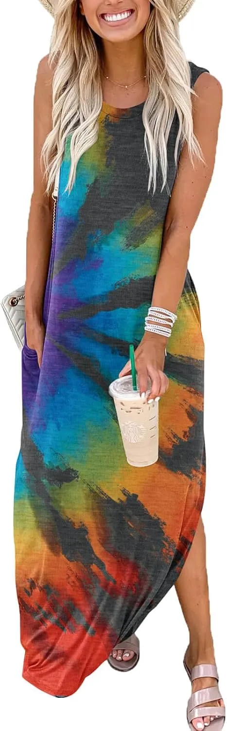 FANDEE Women's Casual Summer Loose Sunresses Long Dresses Sleeveless Split Maxi Beach Dress with Pockets