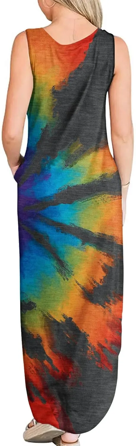 FANDEE Women's Casual Summer Loose Sunresses Long Dresses Sleeveless Split Maxi Beach Dress with Pockets
