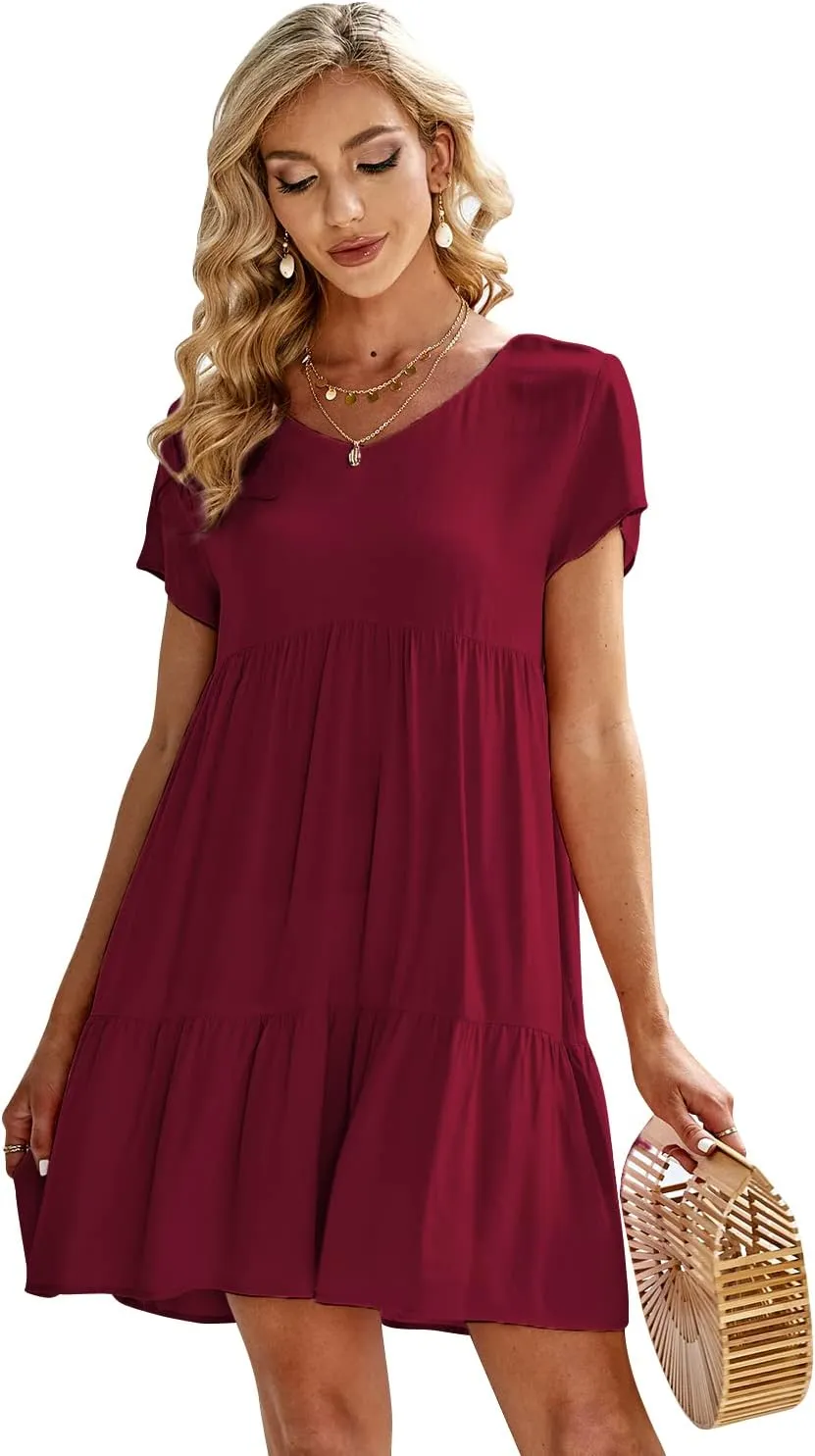 Fangetey Women's V-Neck Tunic Dresses Short Sleeve Button Down Loose Casual Summer Short Flowy Swing Dress