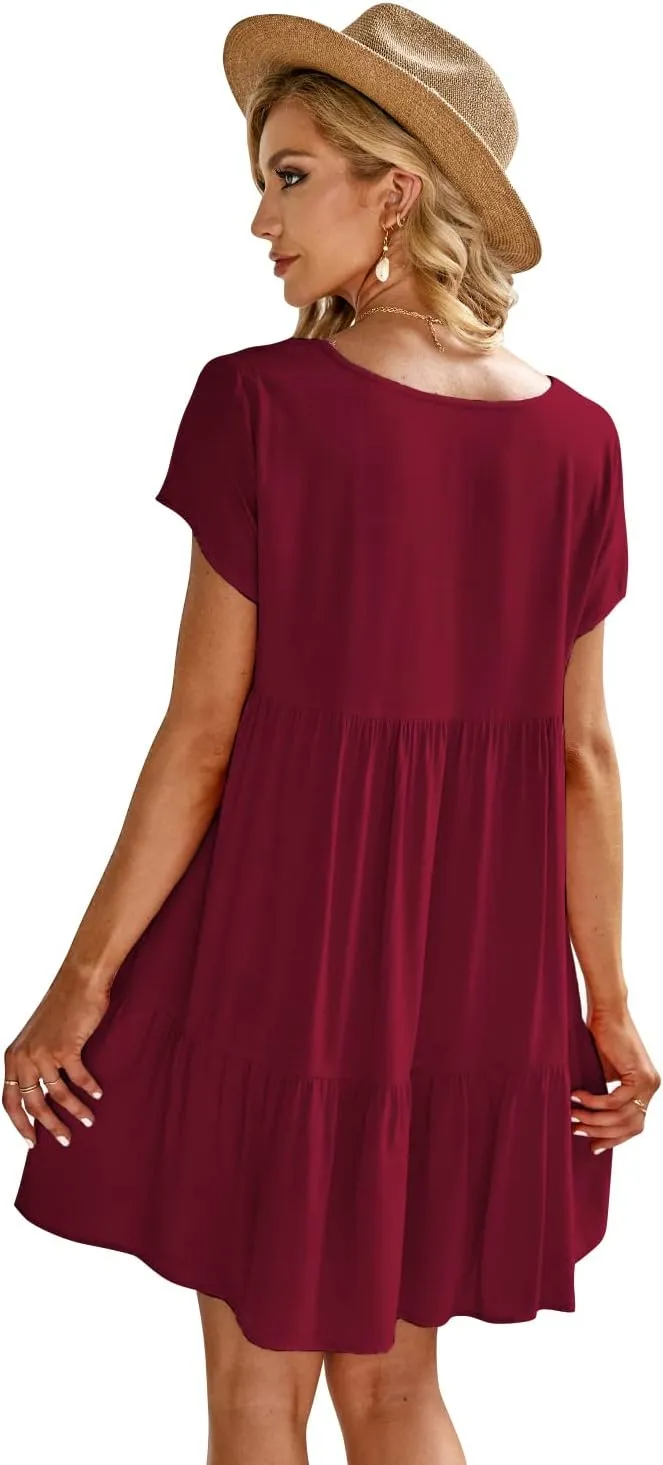 Fangetey Women's V-Neck Tunic Dresses Short Sleeve Button Down Loose Casual Summer Short Flowy Swing Dress