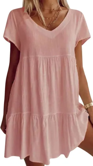 Fangetey Women's V-Neck Tunic Dresses Short Sleeve Button Down Loose Casual Summer Short Flowy Swing Dress
