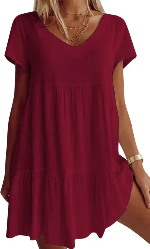Fangetey Women's V-Neck Tunic Dresses Short Sleeve Button Down Loose Casual Summer Short Flowy Swing Dress