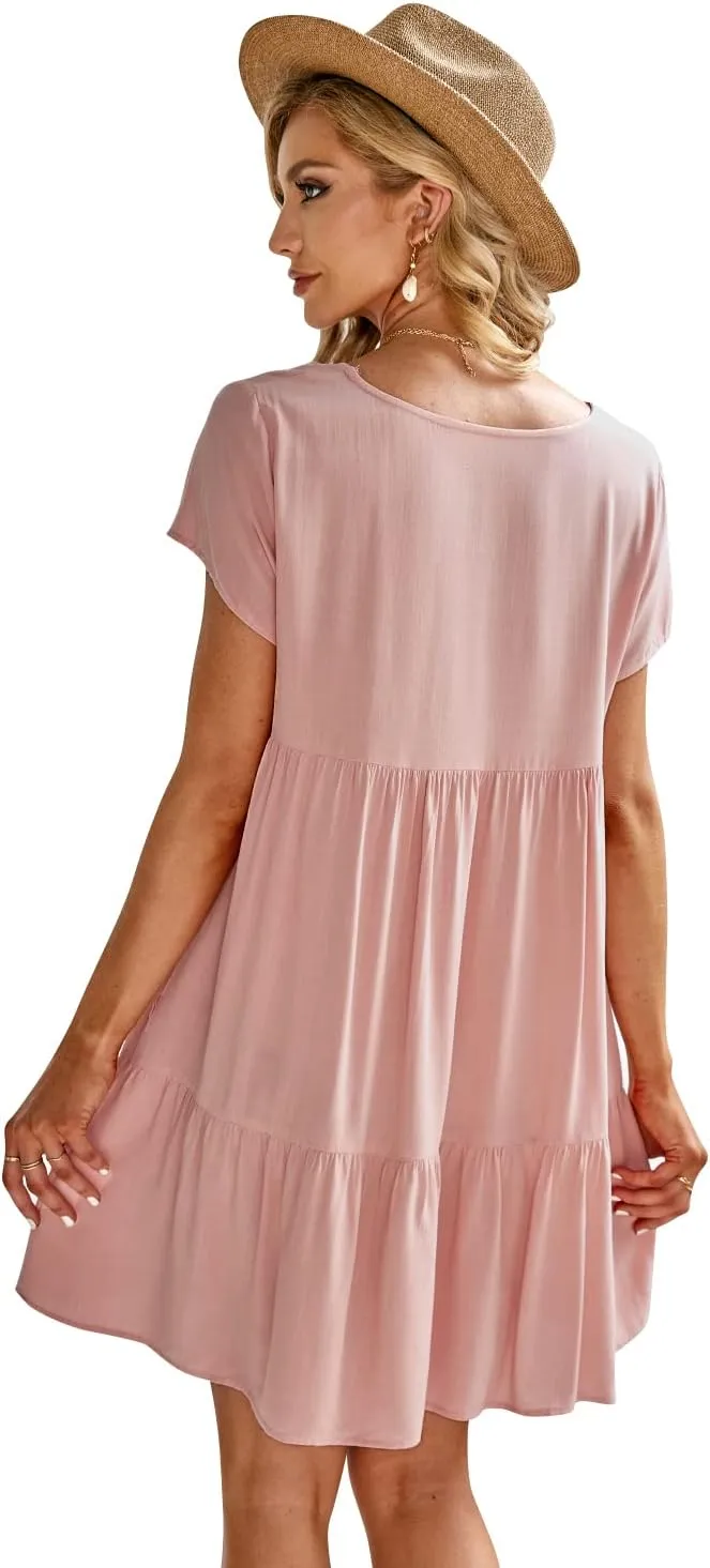 Fangetey Women's V-Neck Tunic Dresses Short Sleeve Button Down Loose Casual Summer Short Flowy Swing Dress