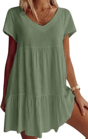 Fangetey Women's V-Neck Tunic Dresses Short Sleeve Button Down Loose Casual Summer Short Flowy Swing Dress