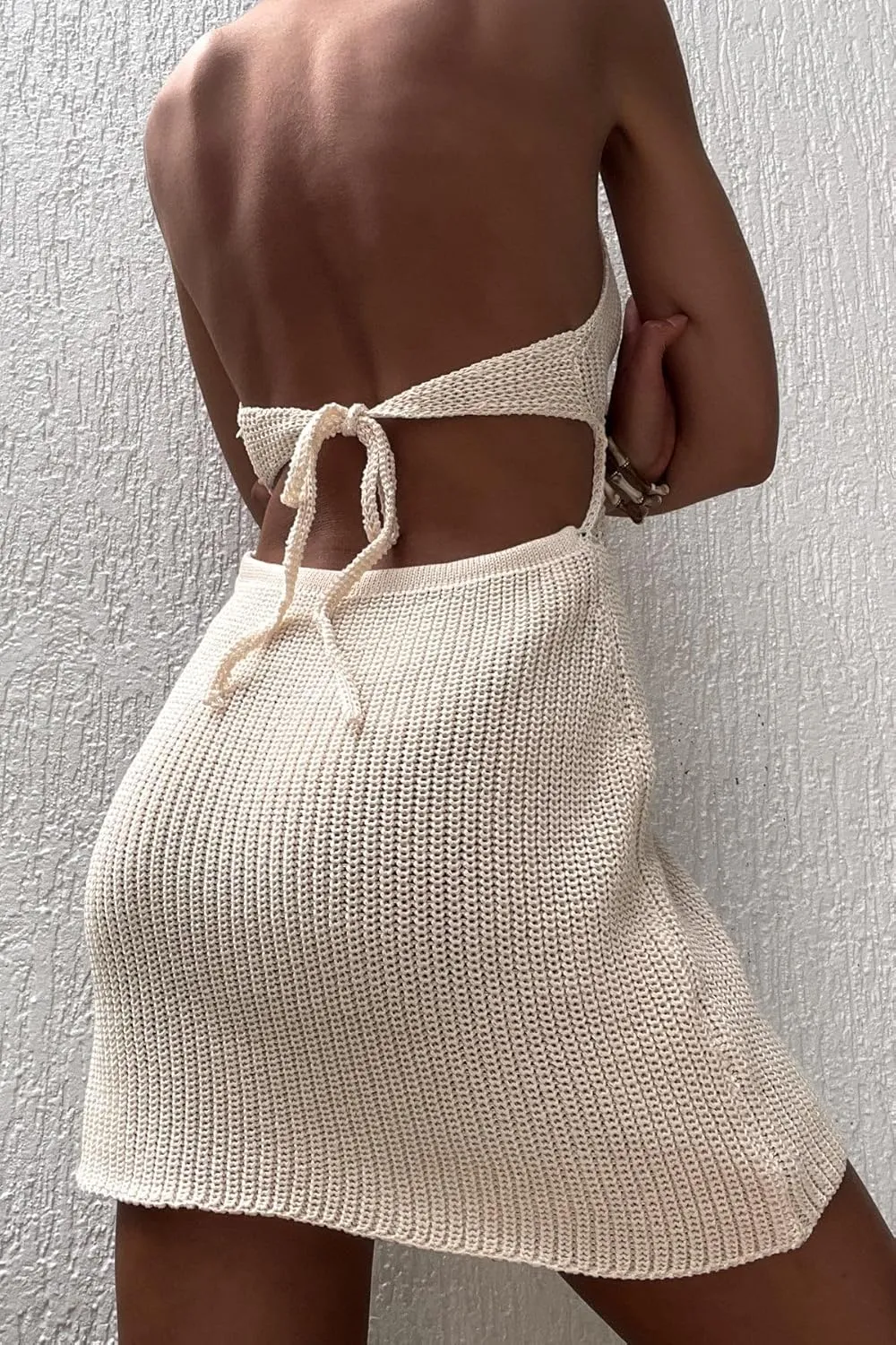 FEORJGP Womens Crochet Knit Mini Dress Halter Neck Sleeveless Hollow Out Bodycon Backless Dresses Summer Sundress Beachwear
