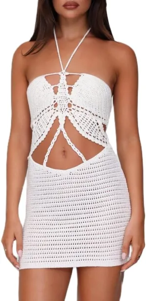FEORJGP Womens Crochet Knit Mini Dress Halter Neck Sleeveless Hollow Out Bodycon Backless Dresses Summer Sundress Beachwear