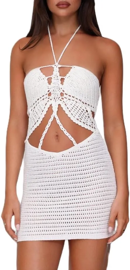 FEORJGP Womens Crochet Knit Mini Dress Halter Neck Sleeveless Hollow Out Bodycon Backless Dresses Summer Sundress Beachwear