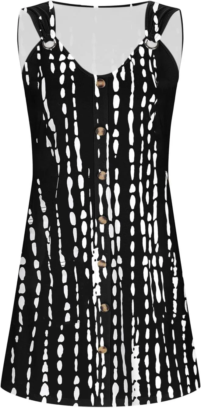 Floral Dress for Women Casual Button Trim Sleeveless V Neck Mini Sundress O-Ring Straps Cover Ups Beach Tank Dresses