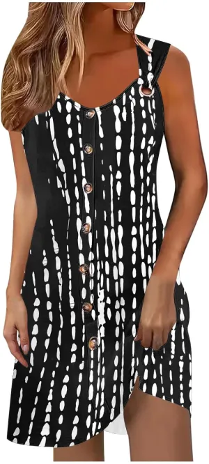 Floral Dress for Women Casual Button Trim Sleeveless V Neck Mini Sundress O-Ring Straps Cover Ups Beach Tank Dresses