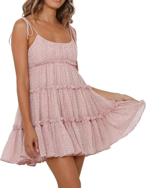 Floral Dress for Women Summer Adjustable Spaghetti Straps Mini Dresses Loose Fit Boho Beach Ruffle Tiered Flowy Dress